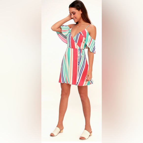 Lulu's Caliente Multi Striped Off-the-Shoulder Wrap Dress size medium - Picture 3 of 9